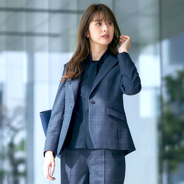 上質なチェック柄の事務服ジャケット｜レーヨン混と再生ポリエステル素材で環境に優しいSDGsユニフォーム
