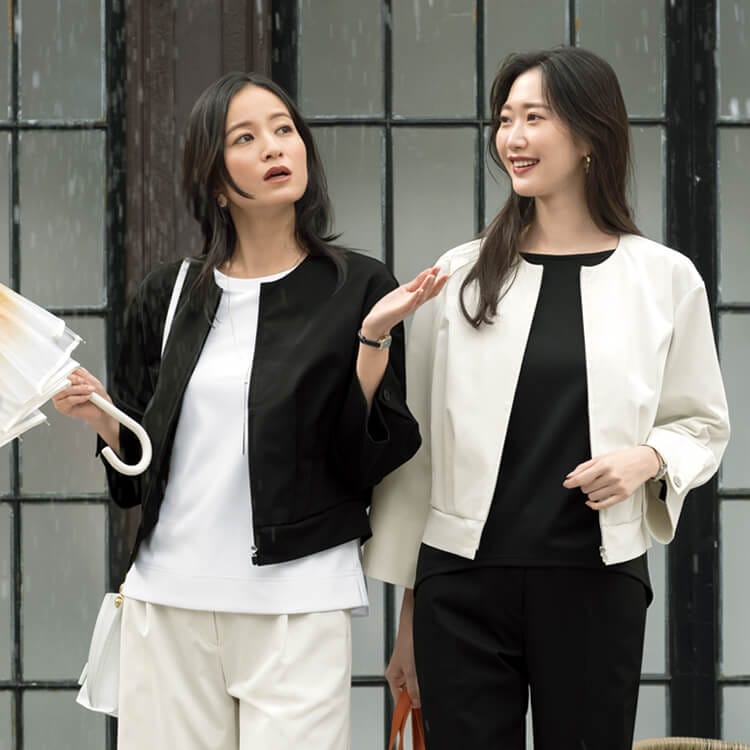 オフィス制服 ジャケット 黒・白 撥水加工 ジェーンパッカー｜オールシーズン快適な事務服 レディースユニフォーム