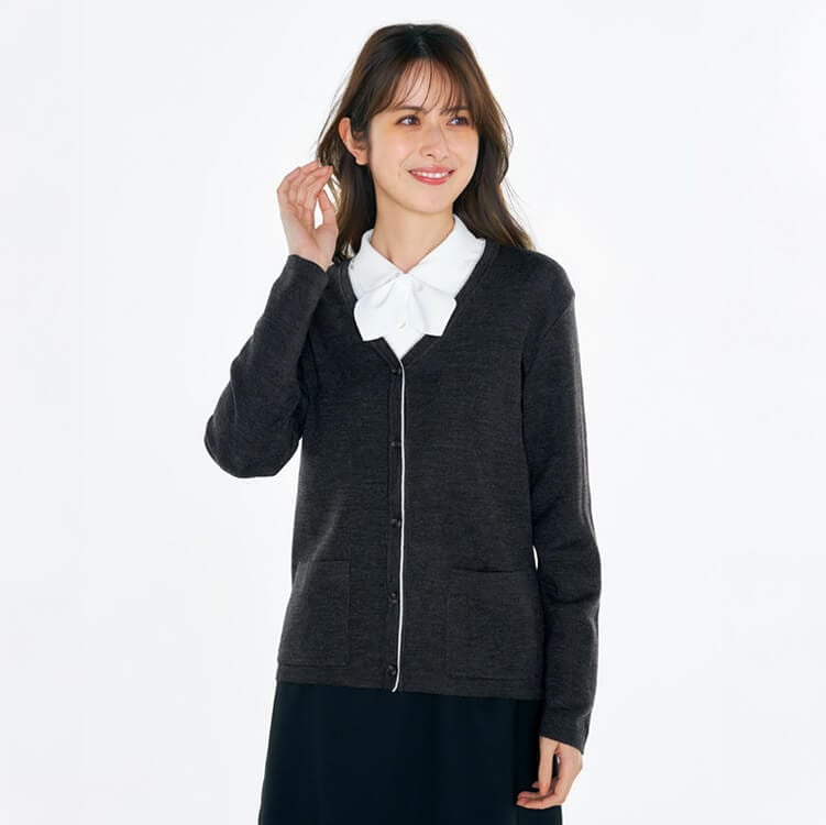 事務服カーディガン｜ウール30％混紡の厚手素材 防寒対策に最適な毛玉防止オフィスユニフォーム【e-UNIFORM】