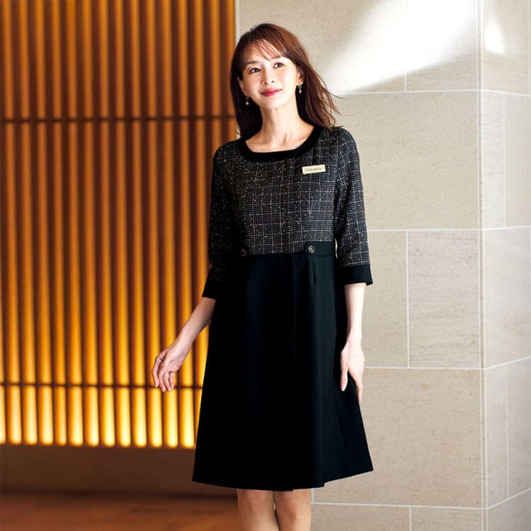 オフィス制服ワンピース 黒 モノトーンカラー シックで上品なデザイン｜おしゃれな事務服 ショールームユニフォーム