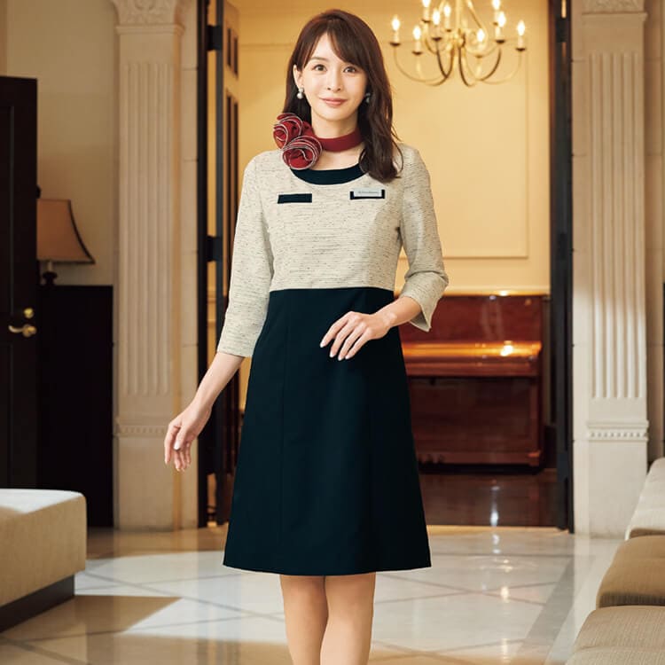 上品で清潔感のある事務服ワンピース｜オールシーズン快適なレーヨン混素材の企業受付ユニフォーム
