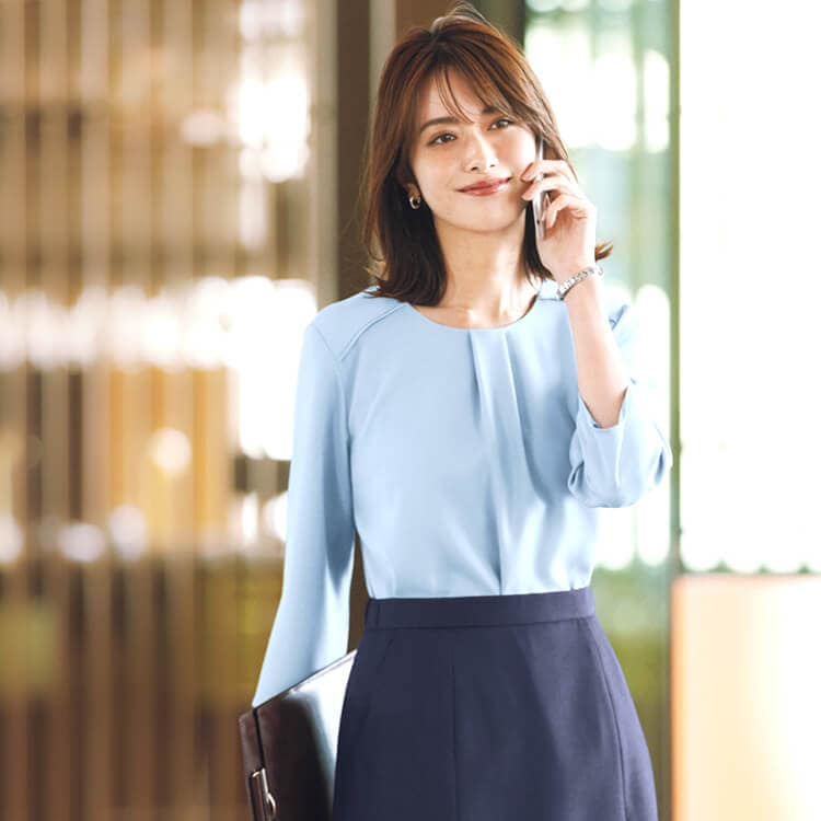 オフィスブラウス七分袖 ブルー