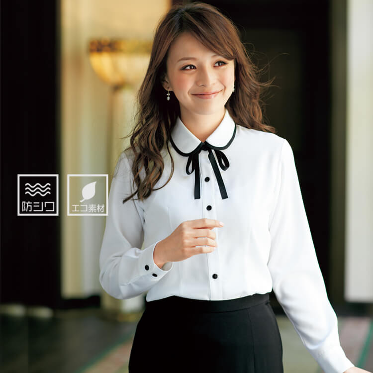 事務服リボンブラウス長袖 ショップ店員制服 オフィスブラウス 小さいサイズ 5号 7号 大きいサイズ 19号 21号 23号 25号 受付ユニフォーム ブラウス